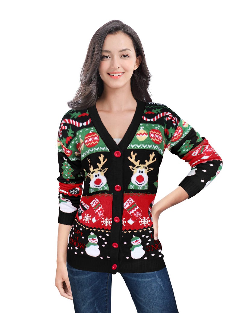 v28 Ugly Christmas Sweater for Women Reindeer Funny Merry V Neck Long Sleeve Knit Sweaters Cardigan (M, Snowman Black) - Image 1